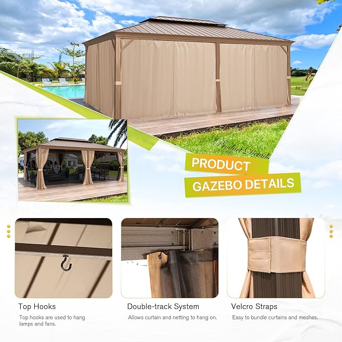 MELLCOM 14'x20' Hardtop Gazebo, Wood Grain Aluminum Frame Pergola with Galvanized Steel Roof, Outdoor Metal Gazebos with Curtains and Nettings for Patio, Backyard, Deck and Lawns