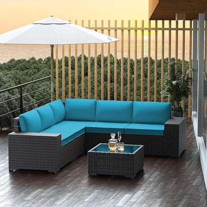 Outdoor Patio Furniture Set, 6 Pieces Outdoor Furniture All Weather Patio Sectional Sofas PE Wicker Modular Conversation Sets with Coffee Table,5 Chairs & Seat Clips Turquoise Blue.