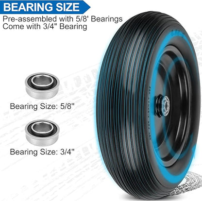 4.00-6 Flat Free Wheelbarrow Tires and Wheels, 13 Inch Wheelbarrow Tires with 5/8" or 3/4" Bearings, 1.75'' Centered Hub Hand Truck Solid Wheels Replacement for Hand Trucks, Dolly Trolleies