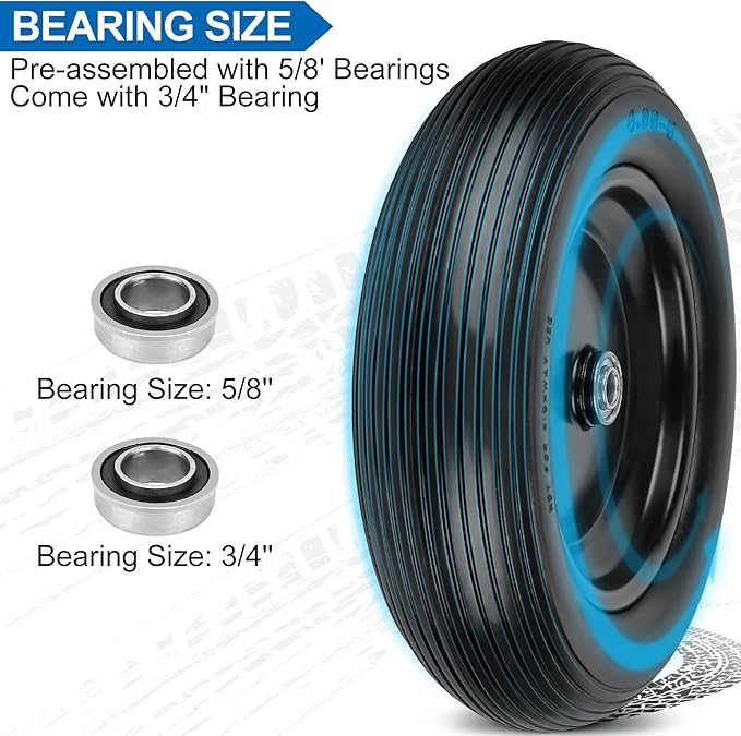 4.00-6 Flat Free Wheelbarrow Tires and Wheels, 13 Inch Wheelbarrow Tires with 5/8" or 3/4" Bearings, 1.75'' Centered Hub Hand Truck Solid Wheels Replacement for Hand Trucks, Dolly Trolleies, 2 PCS