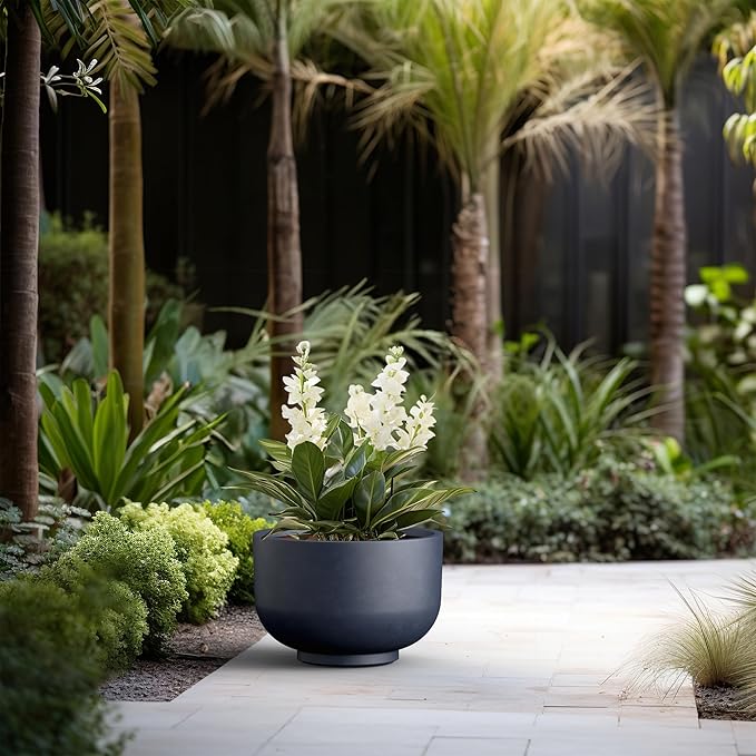 Kante 17.7 Inch Dia Concrete Bowl Planter, Large Tapered Bottom Plant Pot with Drainage, Smooth Charcoal Finish with Warm Brown Interior, Ideal for Porch, Home, Garden, Patio