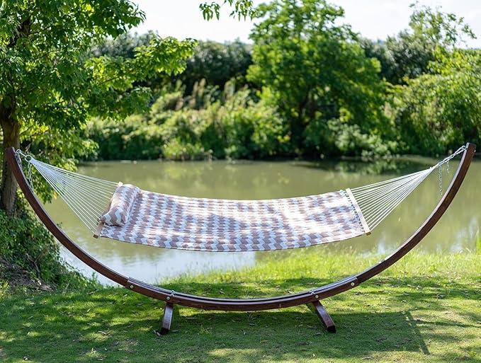 Lazy Daze Hammocks 12FT Quilted Fabric Double Hammock with Spreader Bars and Detachable Pillow, 2-Person for Patio, Poolside, Backyard, Beach - 450 lbs Capacity, Beige Wave