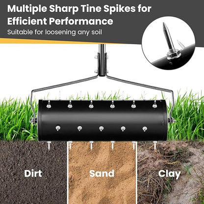Goplus Rolling Lawn Aerator, 21-Inch Garden Yard Rotary Push Tine Filled Sand Stone, Heavy Duty Spike Soil Aeration w/Metal Handle, Fillable Drum 51" Manual Lawn Aeration Tool Garden Grass Patio Yard