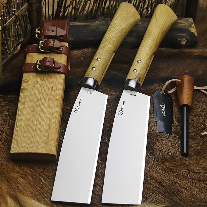 BA-KOR (Pioneer ) (15") DC53 steel 6mm thickened full Tang fixed knife+ Wooden sheath &(5.9IN) Cerium Igniter, suitable for outdoor hunting, cutting, chopping, camping, obstacle removal, exploration, fishing, EDC, BBQ (Mirror Light Edition)