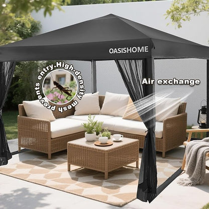 OASISHOME 10'x10' Pop-Up Gazebo Canopy Tent with Netting Sidewalls & Wheeled Bag,Weight Bag, Stakes, Ropes, Waterproof, UV Protection, Heavy-Duty Steel Frame for Backyard/Outdoor/Parties(Black)