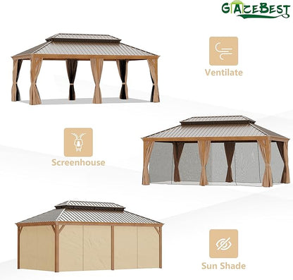 12' X 20' Hardtop Gazebo, Aluminum Wood-Looking Frame Outdoor Permanent Galvanized Steel Double Roof Pavilion Pergola Canopy with Privacy Curtains for Garden, Patio, Backyard, Deck and Lawns.