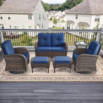 Outdoor Swivel Glider Rocker Chairs Set- 6 Piece Patio Furniture Set with A Glider Loveseat, Tempered Glass Side Table and 2 Ottoman, for Balcony, Porch - Brown Wicker, Blue Cushion