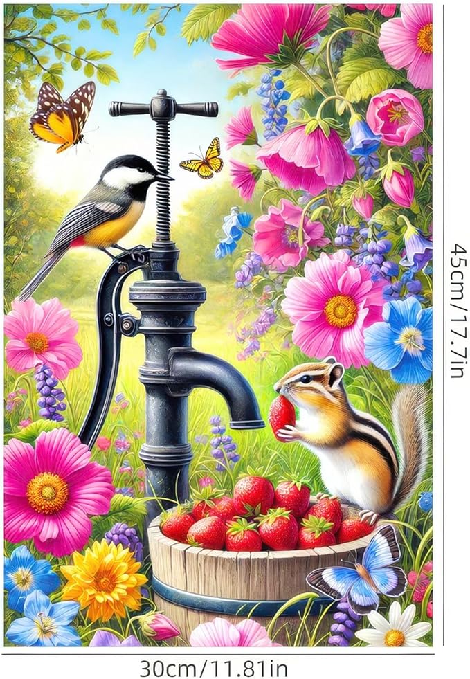 Spring Garden Flag 12x18 Inch Double-Sided Yard Decoration Featuring Colorful Pump Flowers Birds Chipmunk for Outdoor Spring Summer Garden Yard Decor