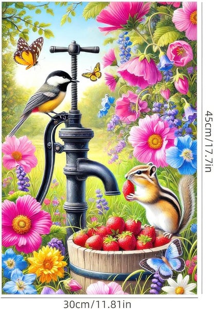 Spring Garden Flag 12x18 Inch Double-Sided Yard Decoration Featuring Colorful Pump Flowers Birds Chipmunk for Outdoor Spring Summer Garden Yard Decor