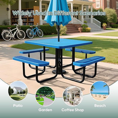 46Inch Square Picnic Table for 8 Person, Outdoor Heavy Duty Sturdy Picnic Tables with 4 Benches & Umbrella Hole, Commercial Metal Patio Picnic Table for Garden, BBQ, Coffee Store, Party, Porch (Blue)