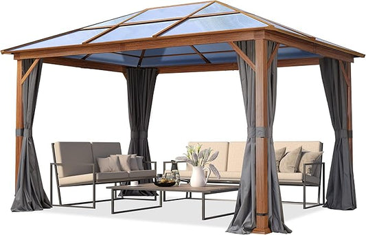 TOOLPORT Hardtop Gazebo 10x13 ft with Polycarbonate Roof - Wood-Like Finish - 4 Side Panels in Gray