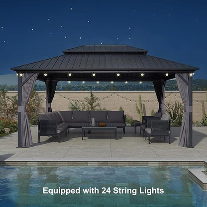 PURPLE LEAF 12'x16' Hardtop Gazebo with Lights Permanent Aluminum Double Roof on Galvanized Steel Frame Outdoor Patio Gazebo Including Netting and Curtains for Backyard Lawn Garden Grey