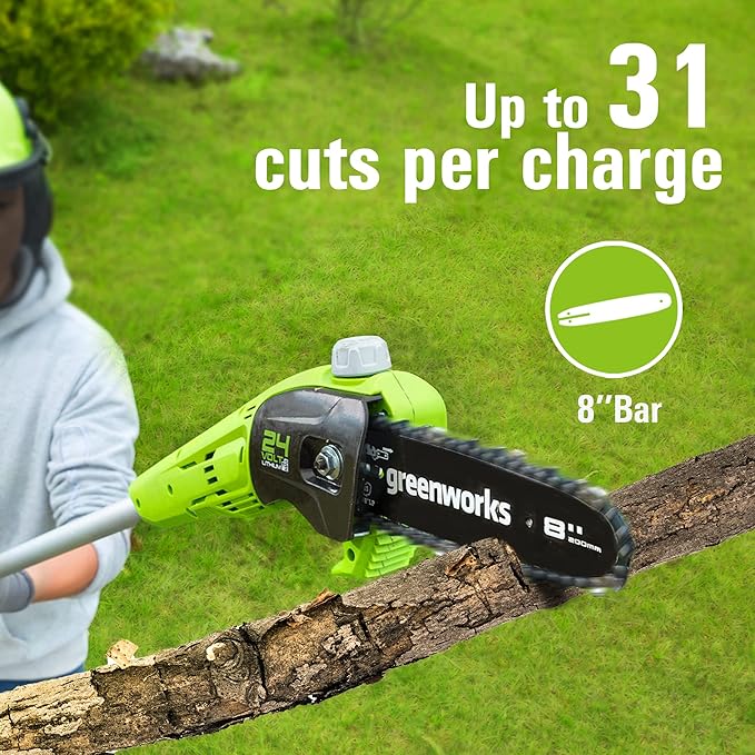 Greenworks 24V 8" Cordless Polesaw + 20" Pole Hedge Trimmer Combo (Great For Pruning and Trimming Branches / Shrubs), 2.0Ah Battery and Charger Included