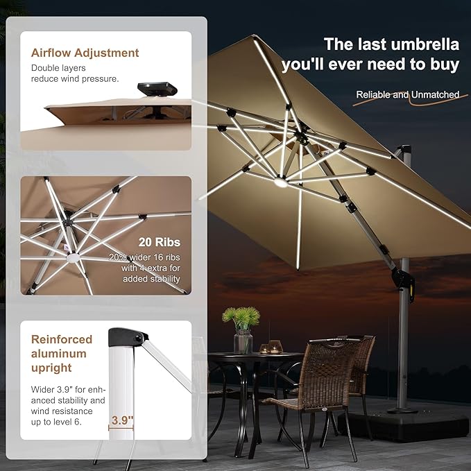 PURPLE LEAF 10' X 10' Solar Powered LED Patio Large Umbrella Offset Double Top Hanging Umbrella Outdoor Market Umbrella for Garden, Heather Taupe