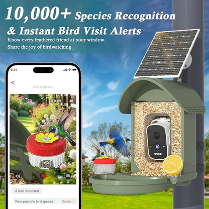 Bird Feeder with Camera, 2-in-1 Bird Bath and Perch, 3K Live View, Squirrel-Proof Cable, 2.4G WiFi, AI Detection, Instant Arrival Alerts, Backyard Birdwatching Gift for Birdlovers