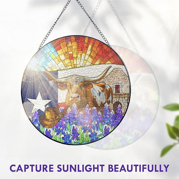 FLAGWIX Christmas Texas Gifts for Women Men - Stained Glass Window Hanging 8in - Sun Catchers Indoor Window for Garden Decor, Texas Themed Gifts for Mom Dad Friend, House Warming Gift for Wife Husband