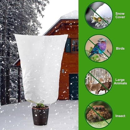 Alpurple 2 Packs Large Size Winter Drawstring Plant Covers- 39 x 63 Inch Warm Plant Protection Cover Bags, Frost Cloth Blanket Protecting Fruit Tree Potted Plants from Freezing Animals Eating
