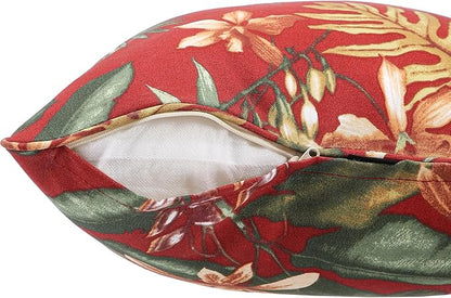 Outdoor Throw Pillow with Insert 18x18 Inch, Set of 2, Piping Edge Waterproof Fade Resistant Decorative Fluffy Pillows for Patio Furniture Chair Bench Couch Sofa - Red Floral