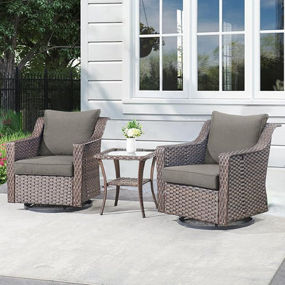 Outdoor Patio Table and Chairs Set - 3 Piece Outside Wicker Conversation Bistro Dining Furniture Sets with Glide Rocking Swivel Chair and Glass Top End Tables for Front Porch Balcony Yard – Brown/Grey