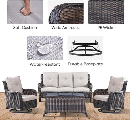 4 Piece Patio Furniture-All-Weather PE Wicker Outdoor Patio Furniture with Swivel Rocker Chairs,Outdoor Couch, Set with Coffee Table-Brown/Beige
