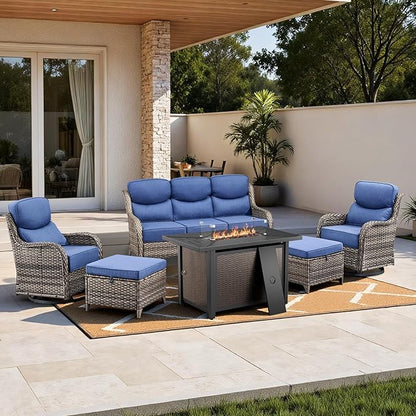 HUMMUH 6 Pieces Patio Furniture Set with Fire Pit High Back Outdoor Furniture Set 6-inch Cushions Wicker Patio Swivel Rocker Chairs for Balcony Garden,Lawn,Deck