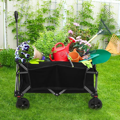 EAGLE PEAK Heavy-Duty Collapsible Folding Utility Wagon, All Terrain Garden Hand Cart with Large Size Pocket and Cup Holders for Sports, Beach, Camping, Garden, and Grocery, Black