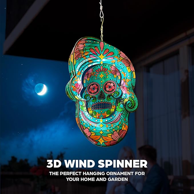 Skylar 3D Color Gradient Calavera Skull Wind Spinner, 12-Inch Day of The Dead Wind Spinners Outdoor Clearance, Kinetic Stainless Steel Decor for Patio and Home, Powered by Air