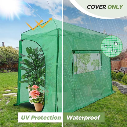 EAGLE PEAK Replacement Cover for 10x5 Portable Lean-to Greenhouse, 2 Roll-Up Zipper Entry Doors and 1 Large Roll-Up Side Window (Frame Not Included), Green