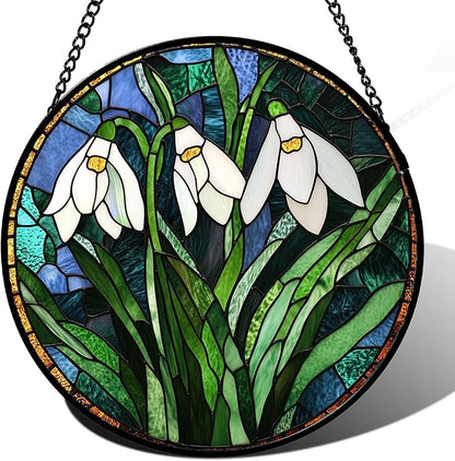 Stained Glass Window Hanging - Green Plants Birth Flowers Suncatcher for Doors Garden Patio Sun Catchers Decor Christmas Mother's Day Birthday Gifts for Women Men Mom Nana Friend 9.8 in