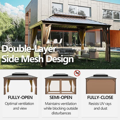 12' x 16' Outdoor Hardtop Gazebo Aluminum Frame with Double Metal Roof, Canopy Netting, Curtain, Patio Permanent Galvanized Steel Gazebo for Backyard, Garden, Party, Deck, Lawn