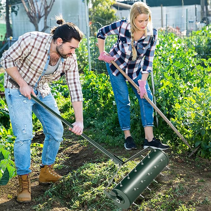 Goplus Rolling Lawn Aerator, 21-Inch Garden Yard Rotary Push Tine Filled Sand Stone, Heavy Duty Spike Soil Aeration w/Metal Handle, Fillable Drum 51" Manual Lawn Aeration Tool Garden Grass Patio Yard