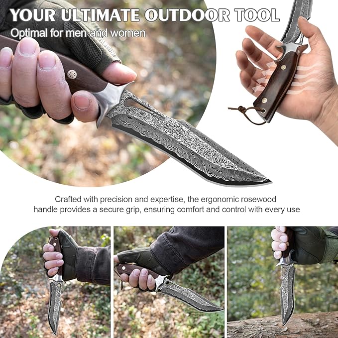 Handmade Damascus Hunting Knife,10.4"Fixed Blade Bowie Knife with Leather Sheath,Real Damascus Steel Knives with VG10 Core &Wood Handle,EDC Full Tang Knives for men women, Adventure,Survival,Hiking,Camping