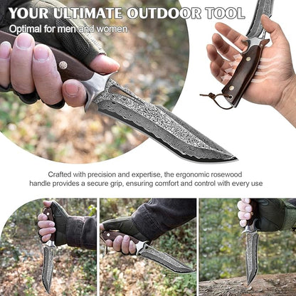 Handmade Damascus Hunting Knife,10.4"Fixed Blade Bowie Knife with Leather Sheath,Real Damascus Steel Knives with VG10 Core &Wood Handle,EDC Full Tang Knives for men women, Adventure,Survival,Hiking,Camping