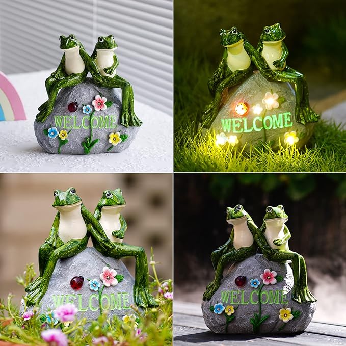Nacome Garden Outdoor Statues Frog with Succulent and 7 LED Lights - Lawn Decor for Patio, Balcony, Yard Ornament - Unique Housewarming Gifts