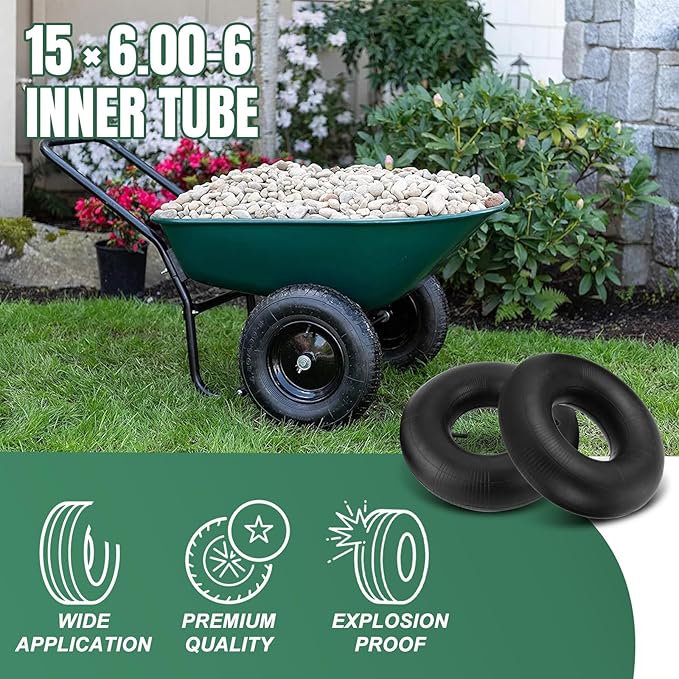 15x6.00-6" Inner Tube with Straight Valve Stem (2-Pack) - Heavy Duty Replacement Tire Tubes for Lawn Mower, Snow Blower, Riding Mowers, ATVs, Golf Carts