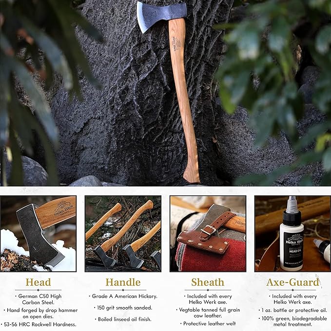 1844 Helko Werk Germany Traditional Hessen Woodworker Axe - Made in Germany Hand Forged Felling Axe and Cutting Axe, Forest Axe for Felling Tree - Head 2-3/4 lbs, Handle 28 in. (Hessen) #13563