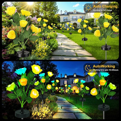 Solar Flowers Lights - Upgraded Outdoor Yellow Rose Flowers Lights, 7-Color Changing & Waterproof Outdoor Solar Lights for Garden, Patio, Backyard,Party and Office (Yellow Rose, 2)