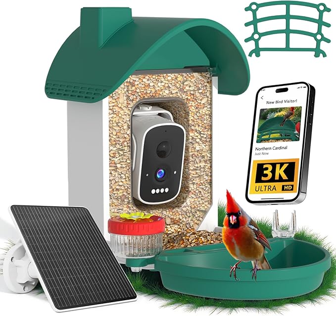 Bird Feeder with Camera, 2-in-1 Bird Bath and Perch, 3K Live View, Squirrel-Proof Cable, 2.4G WiFi, AI Detection, Instant Arrival Alerts, Backyard Birdwatching Gift for Birdlovers