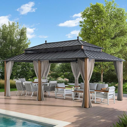 SUNJOY Kingston 20' x 12' Hardtop Gazebo with Galvanized Steel Double Roof, Curtain and Netting, Woodgrain Finish Aluminum Posts Permanent Pavilion Gazebo for Garden, Patio, Deck, Lawn