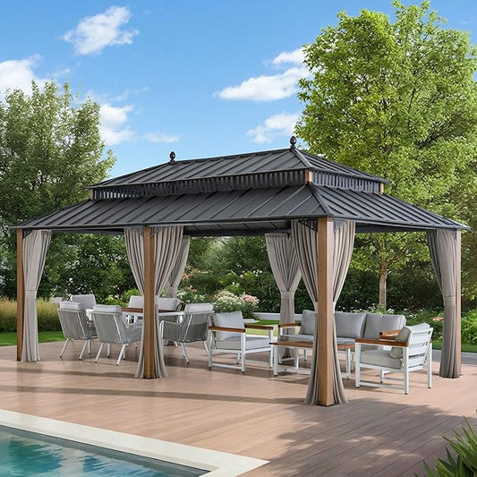SUNJOY Kingston 20' x 12' Hardtop Gazebo with Galvanized Steel Double Roof, Curtain and Netting, Woodgrain Finish Aluminum Posts Permanent Pavilion Gazebo for Garden, Patio, Deck, Lawn