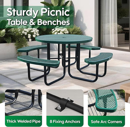 8-Person Outdoor Picnic Tables,46" Heavy-Duty Metal Round Picnic Table,Expanded Metal Commercial-Grade Table with 4 Benches & Umbrella Hole,Waterproof Coating Beach Table for Patio,Garden, Backyard