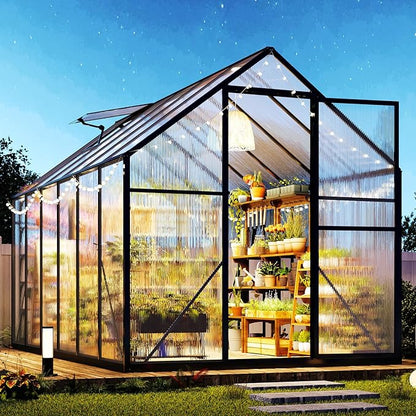 Jocisland 6x12x6.3 FT Polycarbonate Greenhouse for Outdoors with 2 Windows, Dual Swing Doors, Aluminum Walk-in Frame, Heavy Duty Garden Greenhouse for Backyard, Black