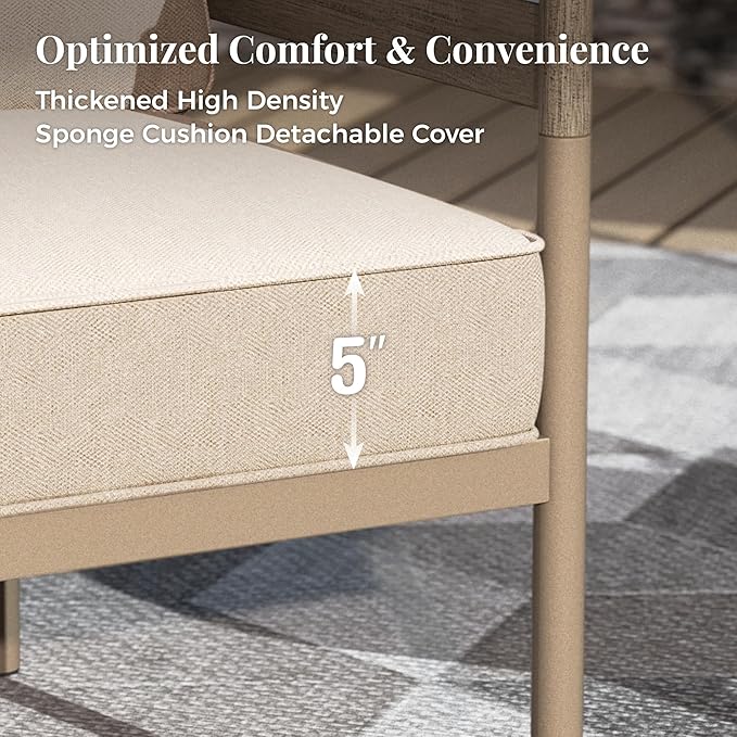5-Piece Outdoor Patio Conversation Furniture Set, Sectional Outdoor Furniture with Washable Thick Cushions, Steel Modern Conversation Set with Nesting Coffee Table for Porch, Balcony - Beige