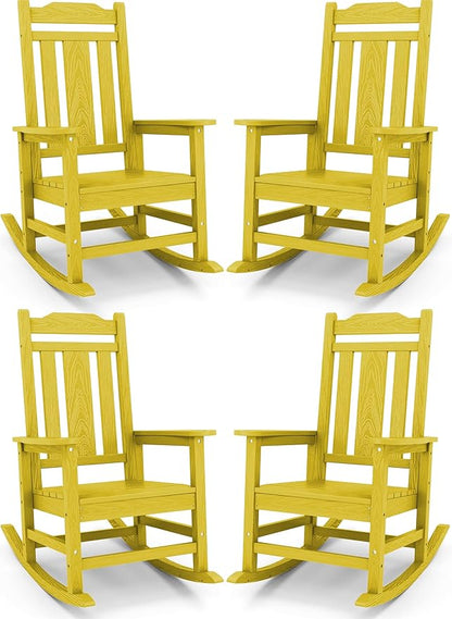 SERWALL Outdoor Rocking Chair Set of 4, Patio Rocking Chairs Set, HDPE Rocking Chair Outdoor for Adults, Heavy Duty Front Porch Rocker, Yellow