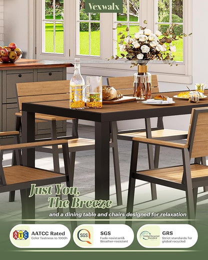 Outdoor Dining Set for 6, Patio Table and Chairs Set, Aluminum Patio Furniture Set with Umbrella Hole, HDPS Patio Dining Table Set for 6 (Gray-Teak)