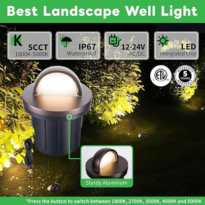 Ground Well Lights, 5 Colors Temp (1800K-5000K) Low Voltage Landscape Inground Lights, LED Outdoor Waterproof IP67, 12V Wired Aluminum Half Sided ORB for Backyard Wall 6W 420LM 8 Pack
