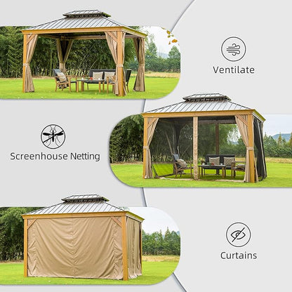 Domi 12' x 14' Hardtop Gazebo Permanent Aluminum Gazebo with Wood-Looking Frame, Galvanized Steel Double Roof, Curtains and Netting for Patio, Lawn, and Garden