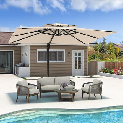 10x13 FT Cantilever Patio Umbrella with Base Included Double Top Outdoor Rectangular Large Heavy Duty Aluminum Offset Umbrellas with 7 Level Tilt 360-degree Rotation for Pool Garden Deck, Beige