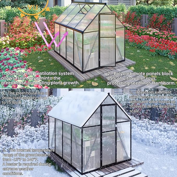 CQZY 6x6 FT Walk-in Greenhouse for Outside,Dark Gray