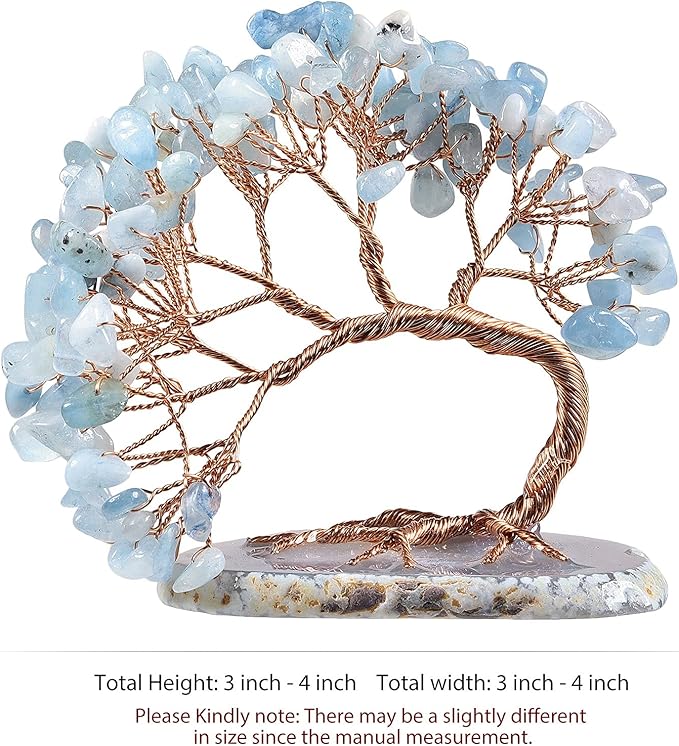 TUMBEELLUWA Reiki Crystal Money Tree with Agate Slice Base Feng Shui Stone Bonsai Tree Figure Decor for Happiness Good Luck and Wealth, Aquamarine